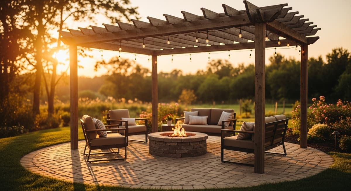 Backyard patio with pergola and fire pit