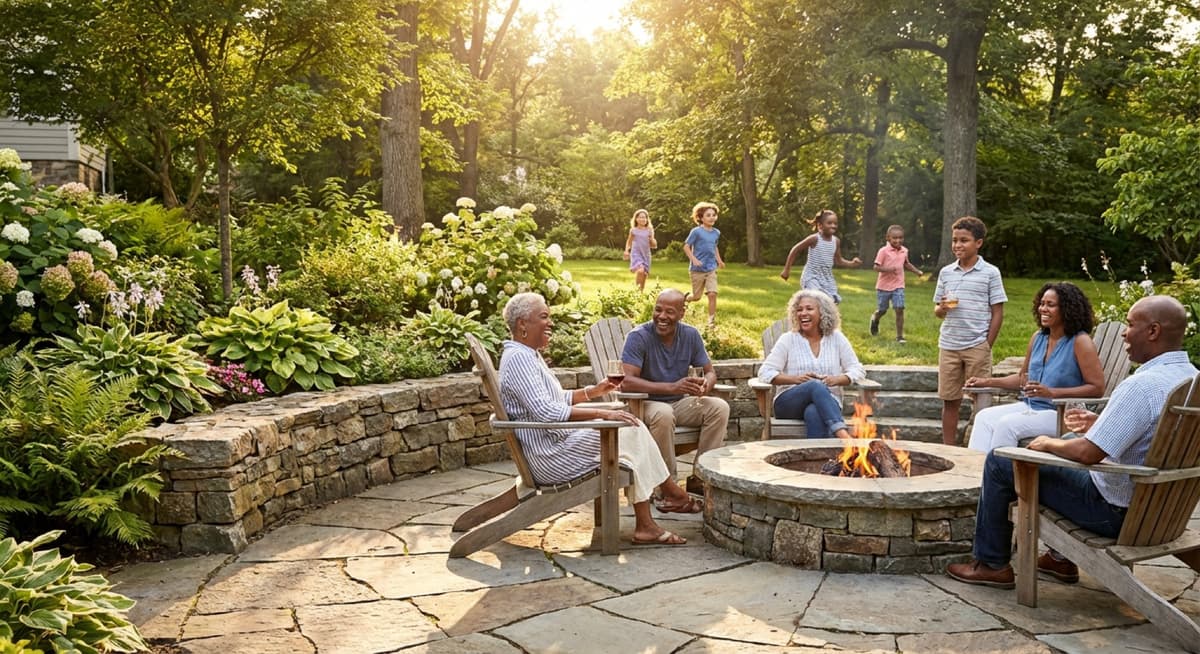 Family enjoying their landscaped backyard