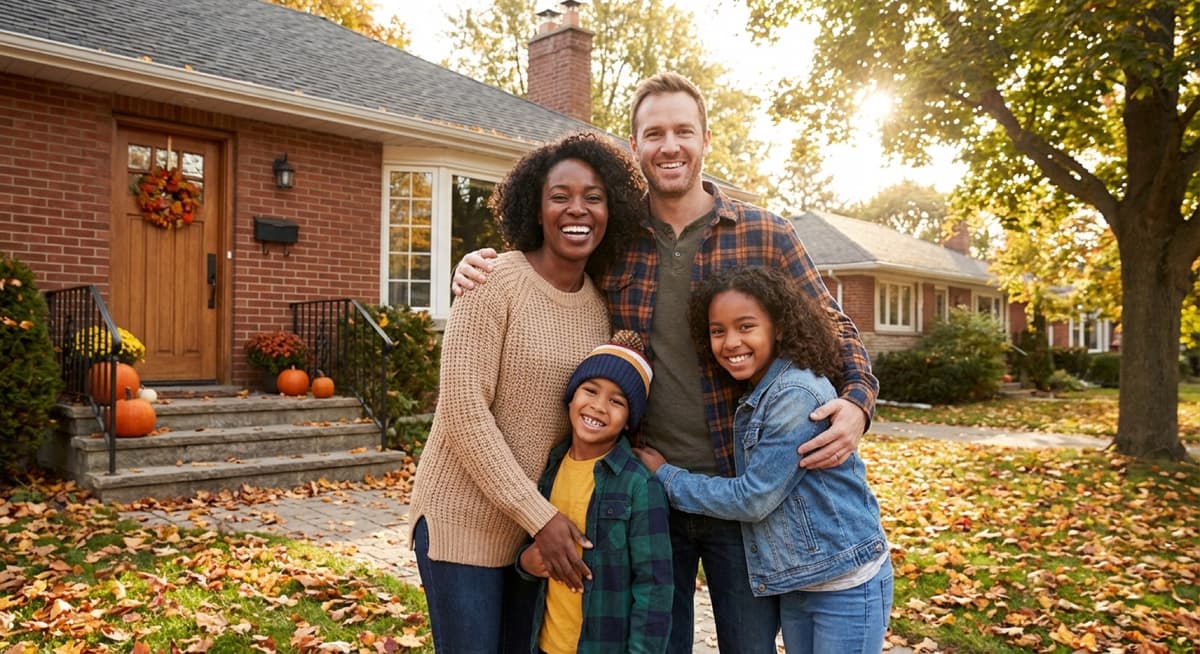 Happy Ontario family in front of their home