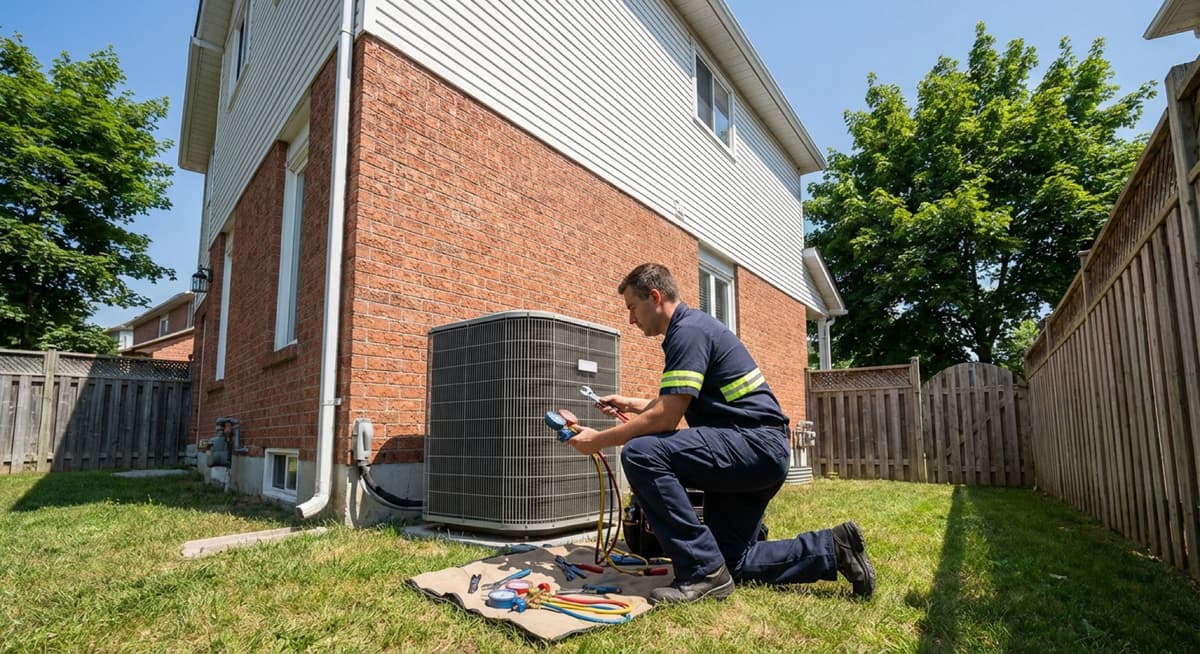 Technician servicing an outdoor AC unit